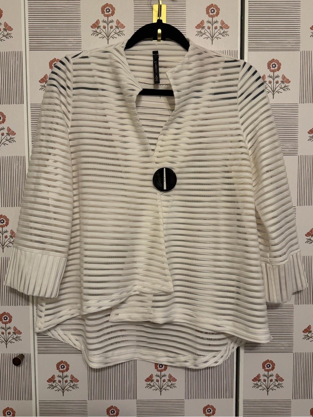 IC Collection by Connie K White Sheer Striped Open Front Jacket S USA